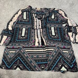 Democracy Women's 2XL Boho Mixed Pattern Tassel Tie Blouse